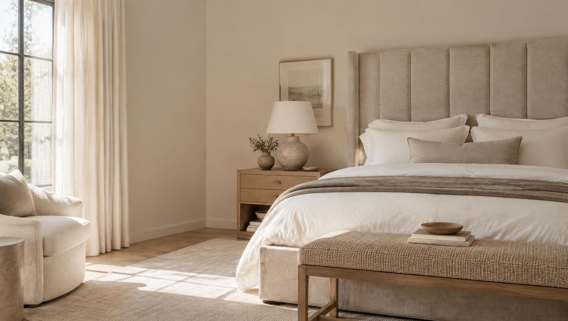 Illustrative bedroom setting with an upholstered bed and linen bedding