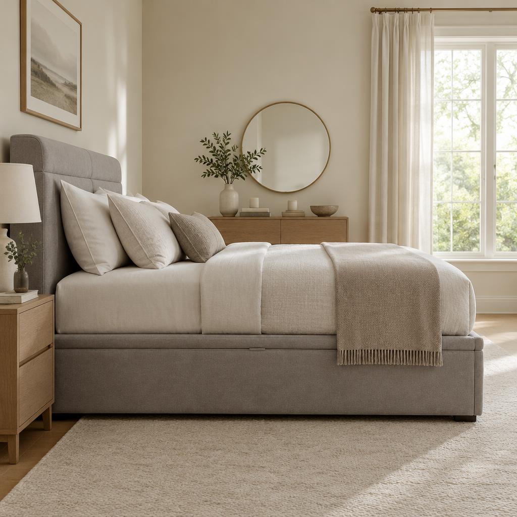 Illustrative ottoman bed, closed and made